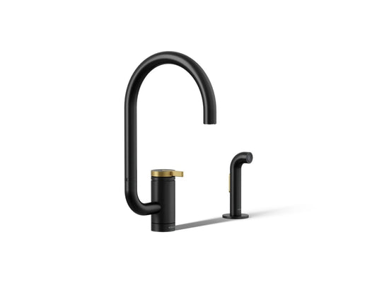 Components 1.5 GPM Arc Swing Single Handle Kitchen Sink Faucet With Side Spray - Matte Black with Brushed Moderne Brass