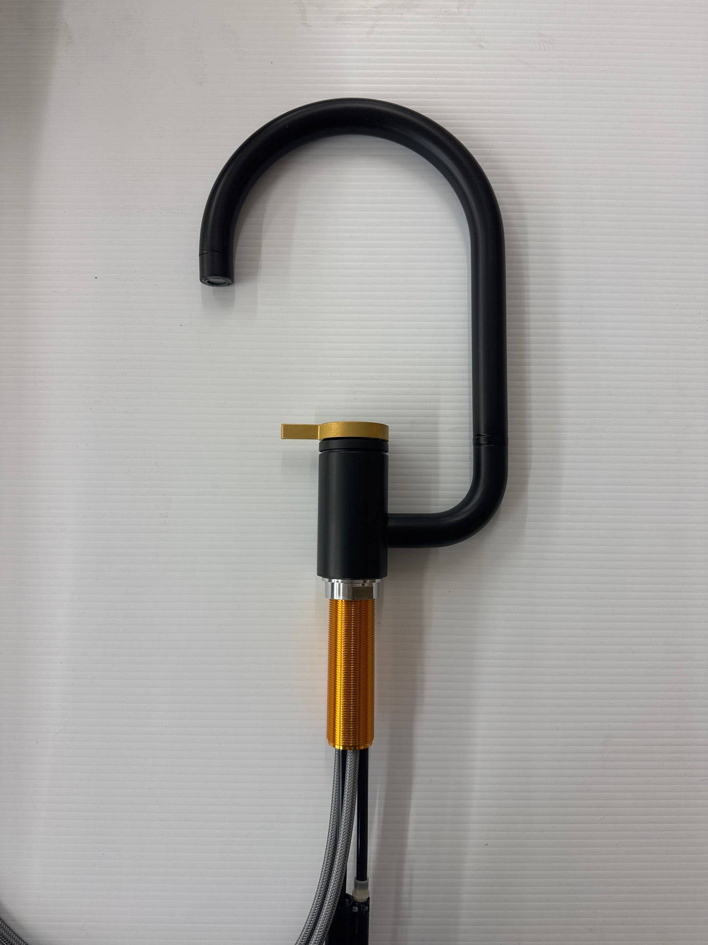 Components 1.5 GPM Arc Swing Single Handle Kitchen Sink Faucet With Side Spray - Matte Black with Brushed Moderne Brass